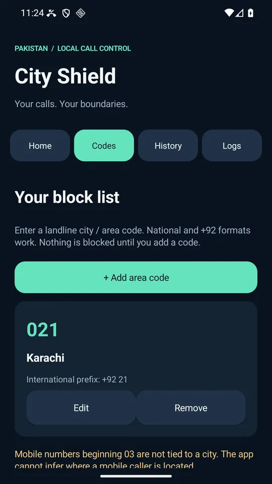 City Shield area-code list with Karachi prefix 021