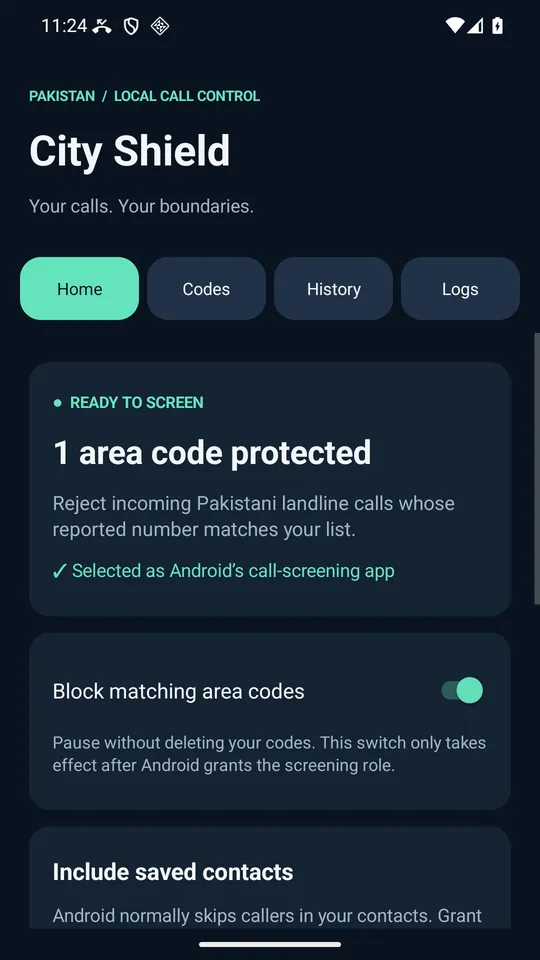 City Shield home screen with call screening enabled and a user-selected area-code rule