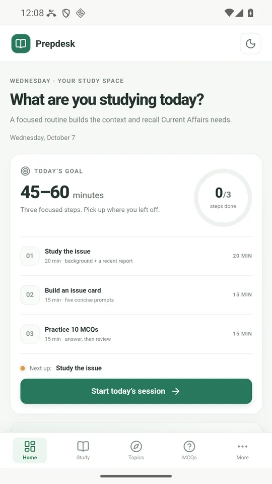 Prepdesk home screen showing a focused study routine and three daily study steps
